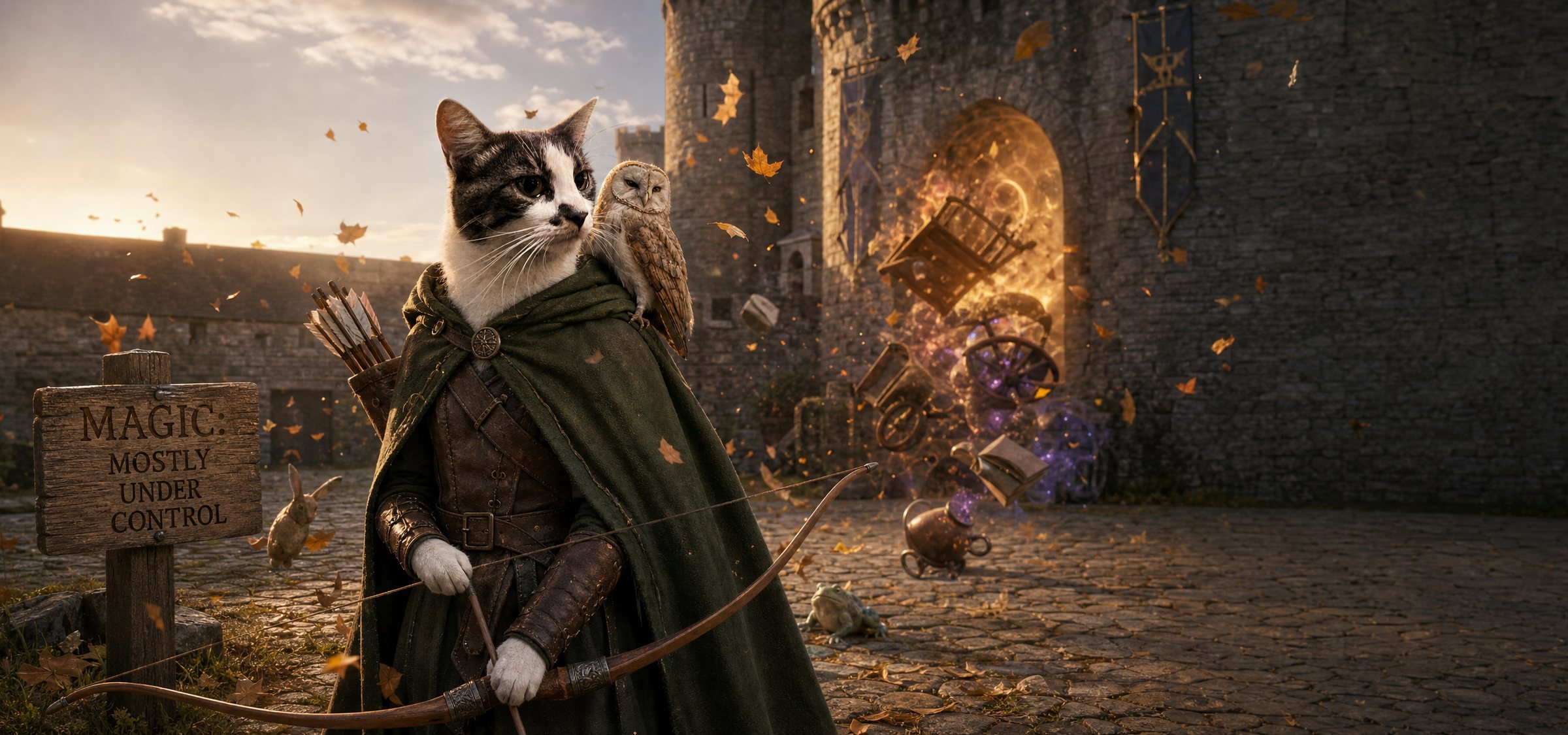 AI-rendered mug design of a cat as a fantasy archer with an owl companion outside a castle
